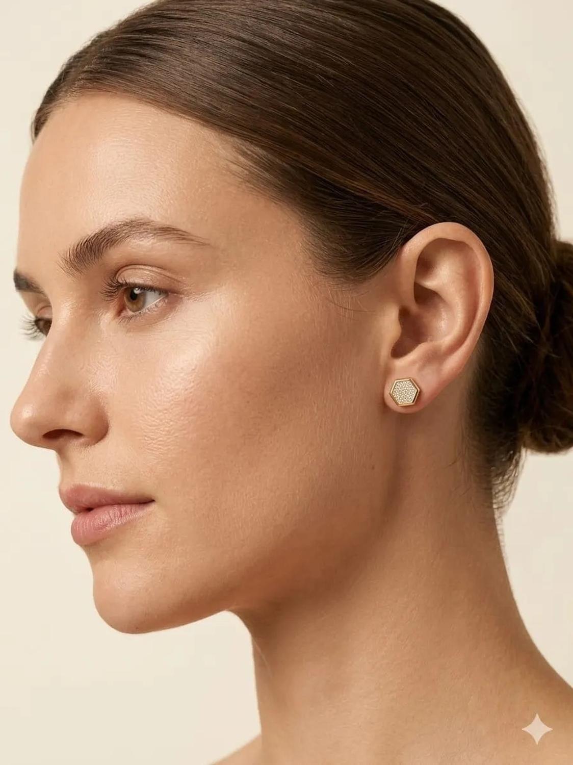 Aro Carré Mujer Exagono Con Circon Enchapado En Oro 18k Dorado-1