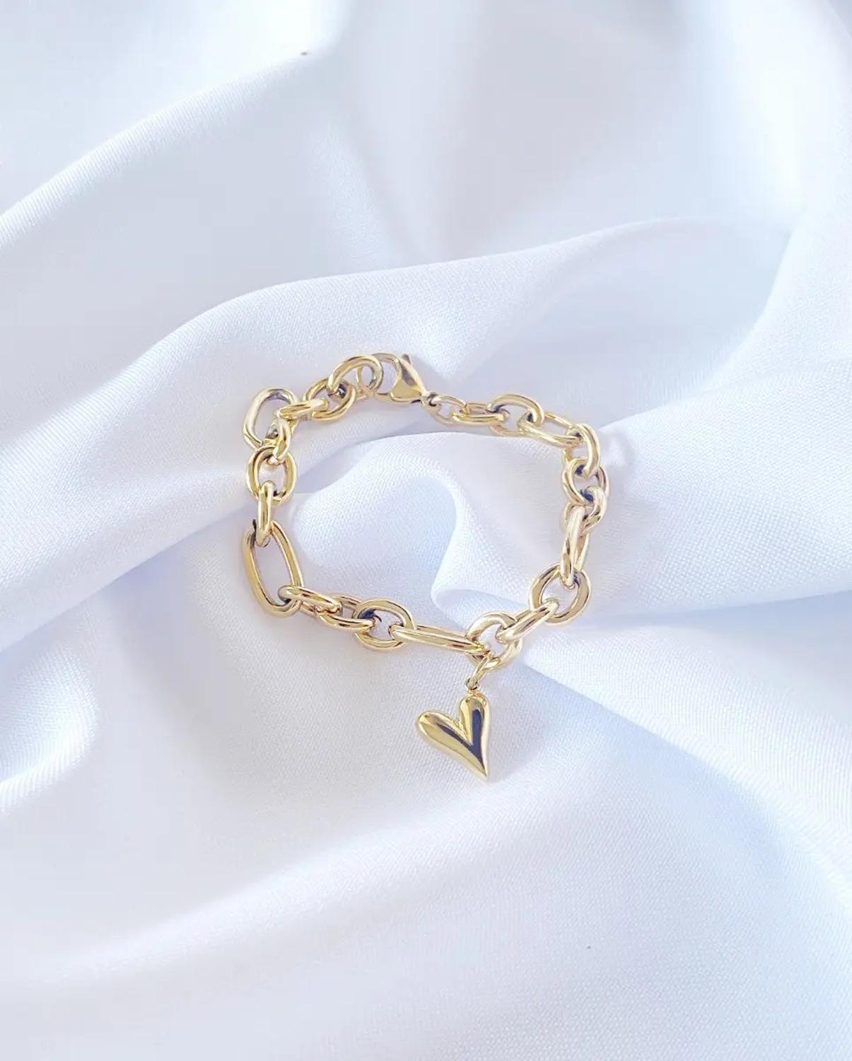 Pulsera Carre Eslabon Grueso Corazon Mini Enchapado Oro 18k Amarillo-1