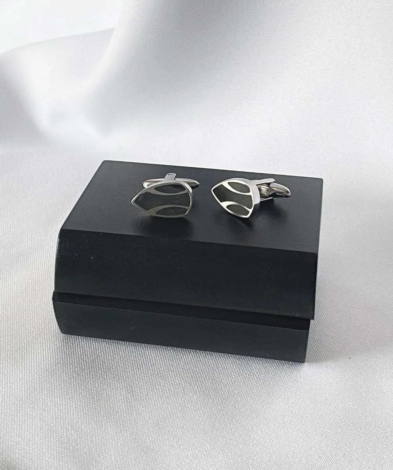 Colleras Gemelos Camisa Forma Gota Plateados Con Negro Plateado-1