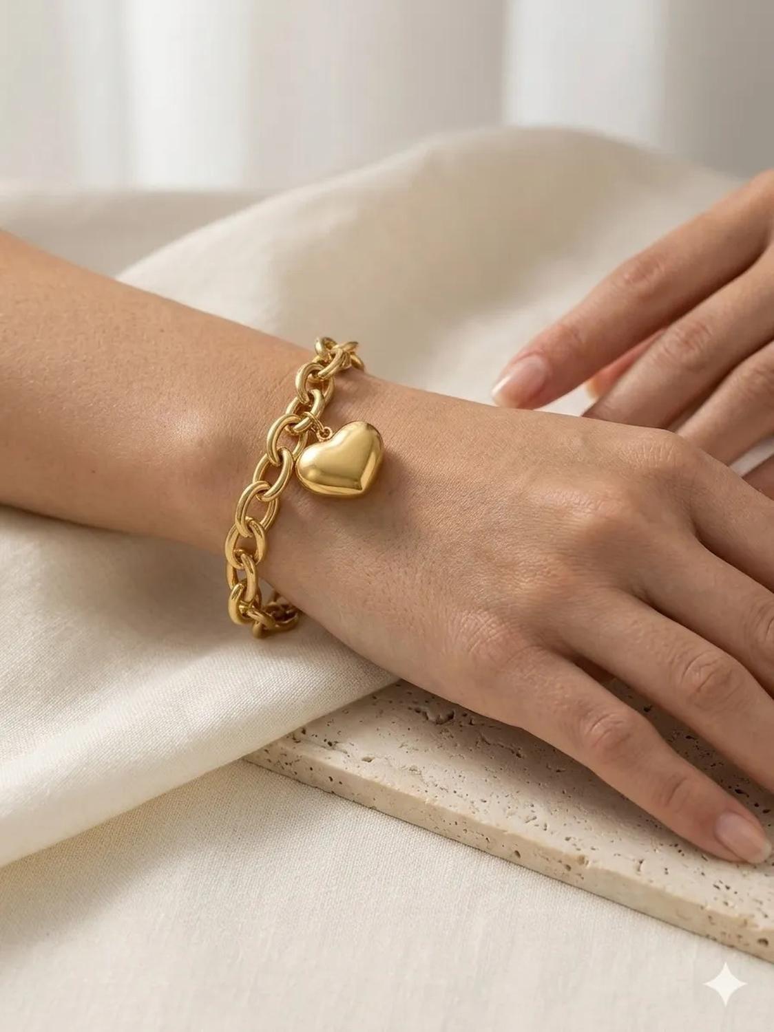 Pulsera Carré Mujer Eslabon Con Corazón Enchapada En Oro 18k Dorado 6.5 Cm 20 Cm-1