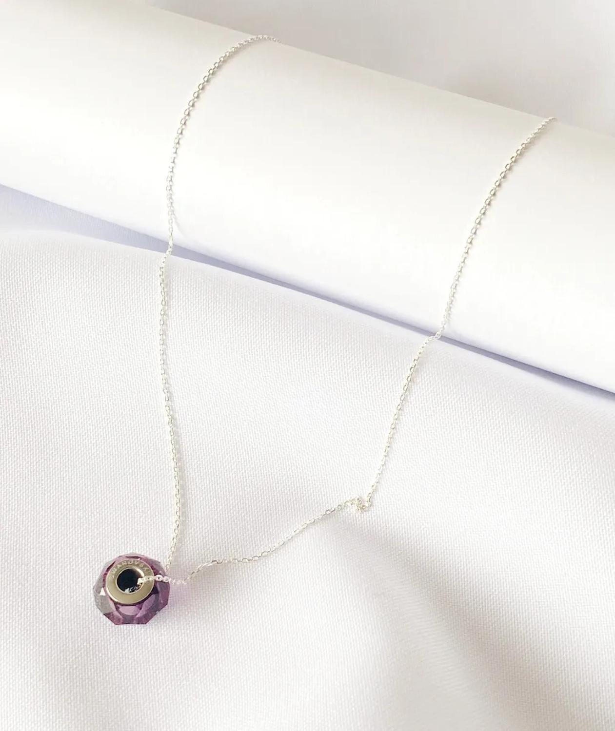 Collar Carré Plata 925 Cristal Violeta Colgante Rosa Chicle-2