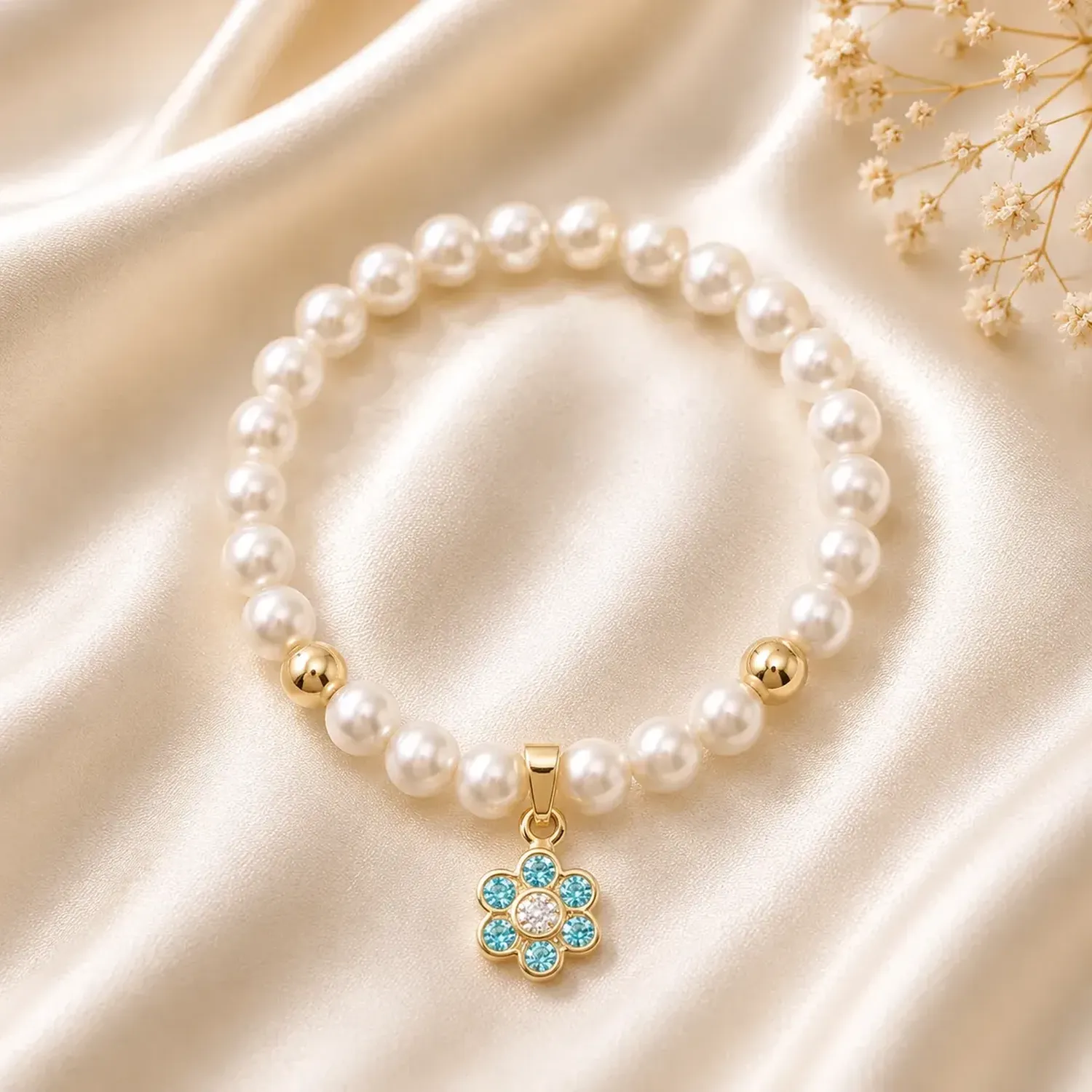 Pulsera Mallorca Rafaela Niña Perla,bolitas Y Colgante Flor Blanco 4.5 Cm 14 Cm-1