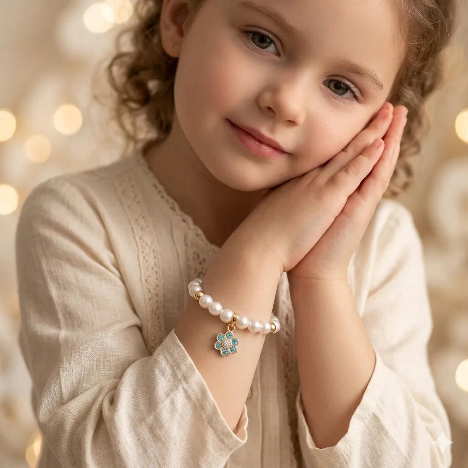 Pulsera Mallorca Rafaela Niña Perla,bolitas Y Colgante Flor Blanco 4.5 Cm 14 Cm-2