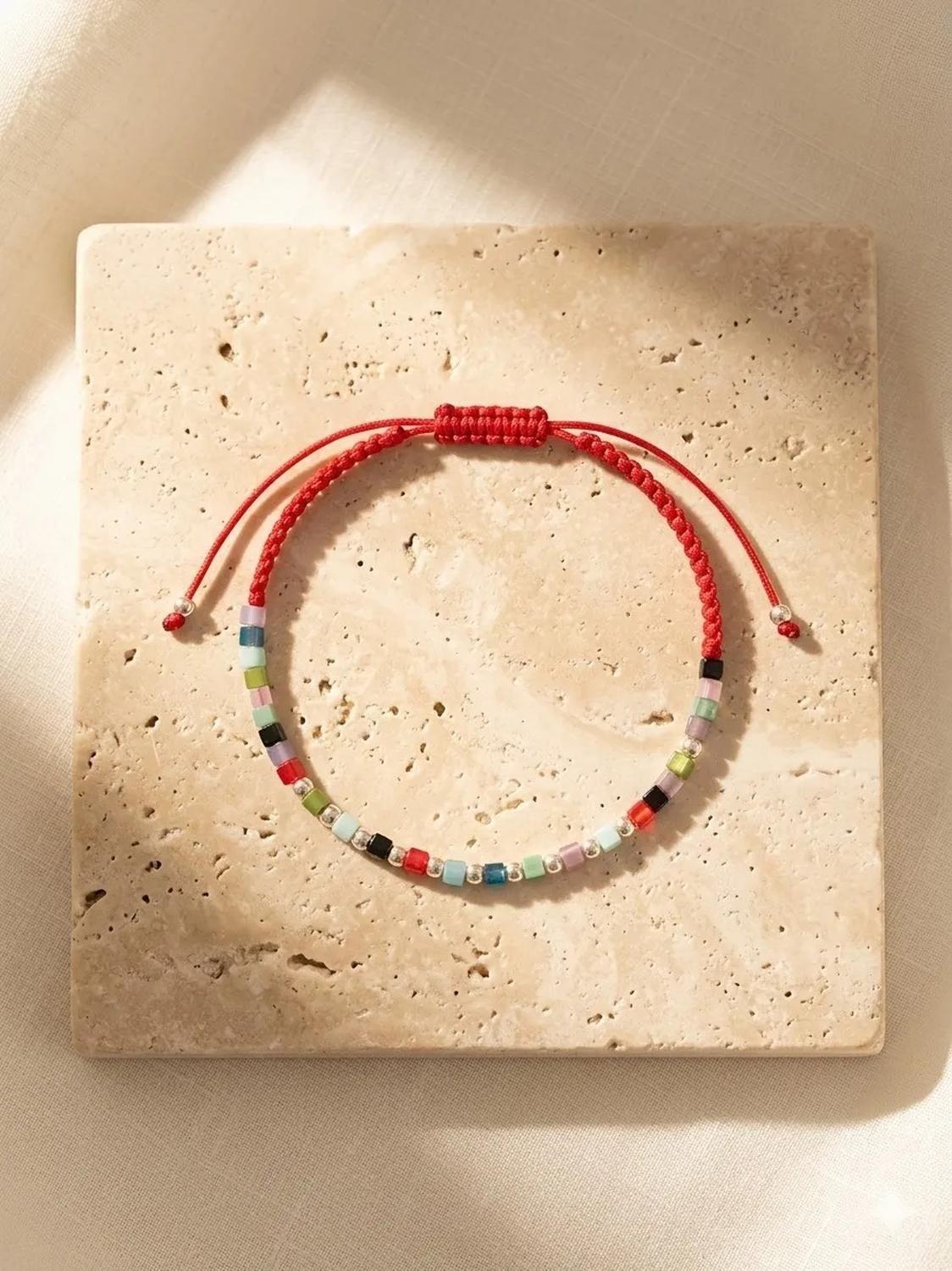 Pulsera Plata Carré Tejida Macrame Agatas Cuadradas Colores Multicolor-1