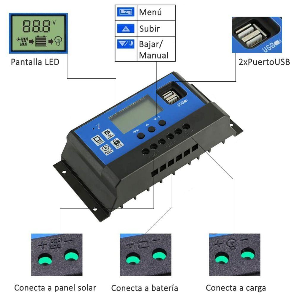 Regulador Carga Solar Digital 12v 24v 10a 2usb-3