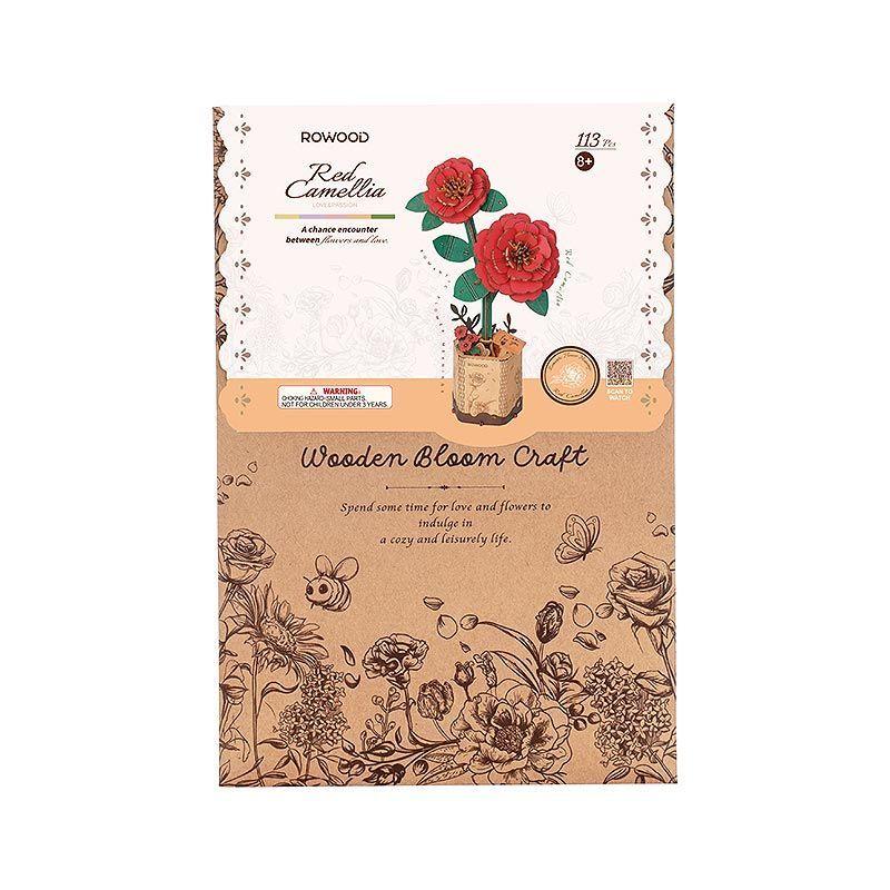🌹 Red Camellia TW031 – Puzzle 3D de Flor de Madera Rowood | Amor, Pasión y Belleza Eterna-1