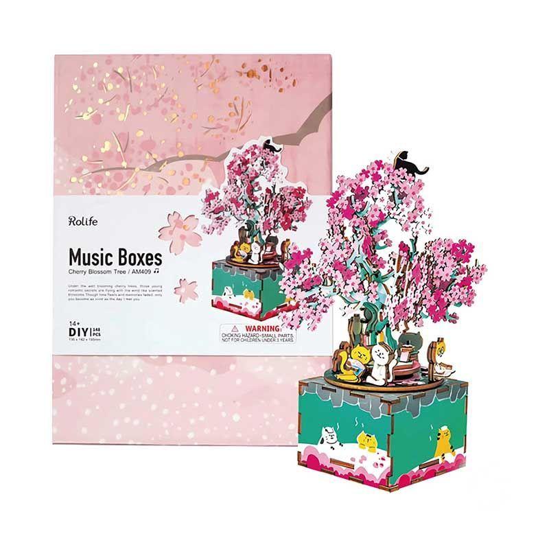 Caja Musical Puzzle 3D de Madera Robotime Rolife - Árbol de Cerezo con Gatos-1