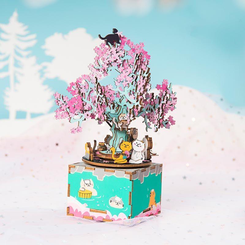 Caja Musical Puzzle 3D de Madera Robotime Rolife - Árbol de Cerezo con Gatos-2