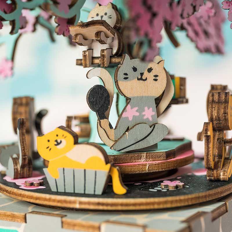 Caja Musical Puzzle 3D de Madera Robotime Rolife - Árbol de Cerezo con Gatos-4