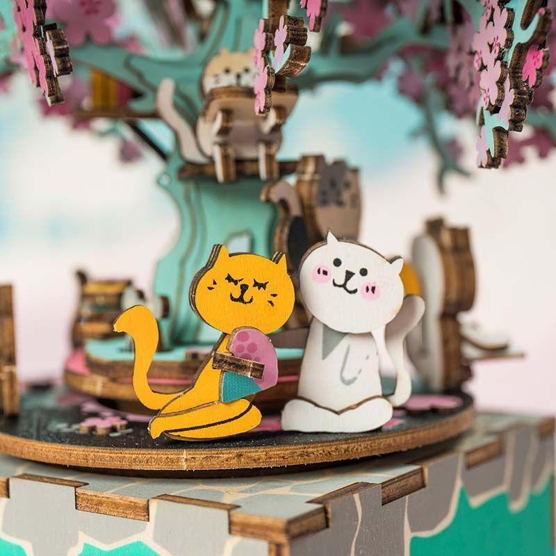 Caja Musical Puzzle 3D de Madera Robotime Rolife - Árbol de Cerezo con Gatos-5