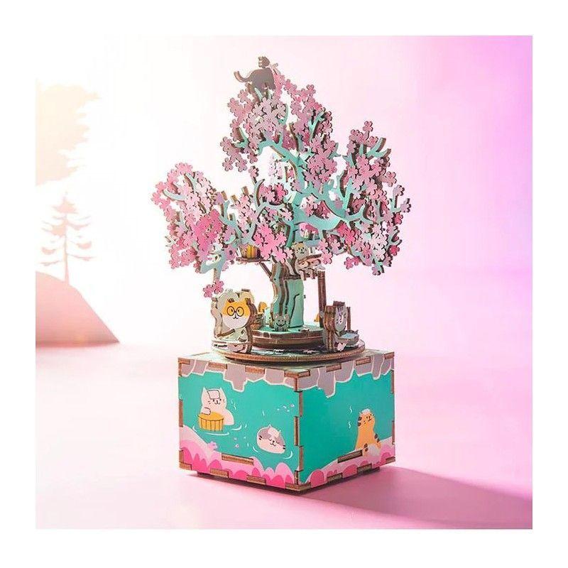Caja Musical Puzzle 3D de Madera Robotime Rolife - Árbol de Cerezo con Gatos-6