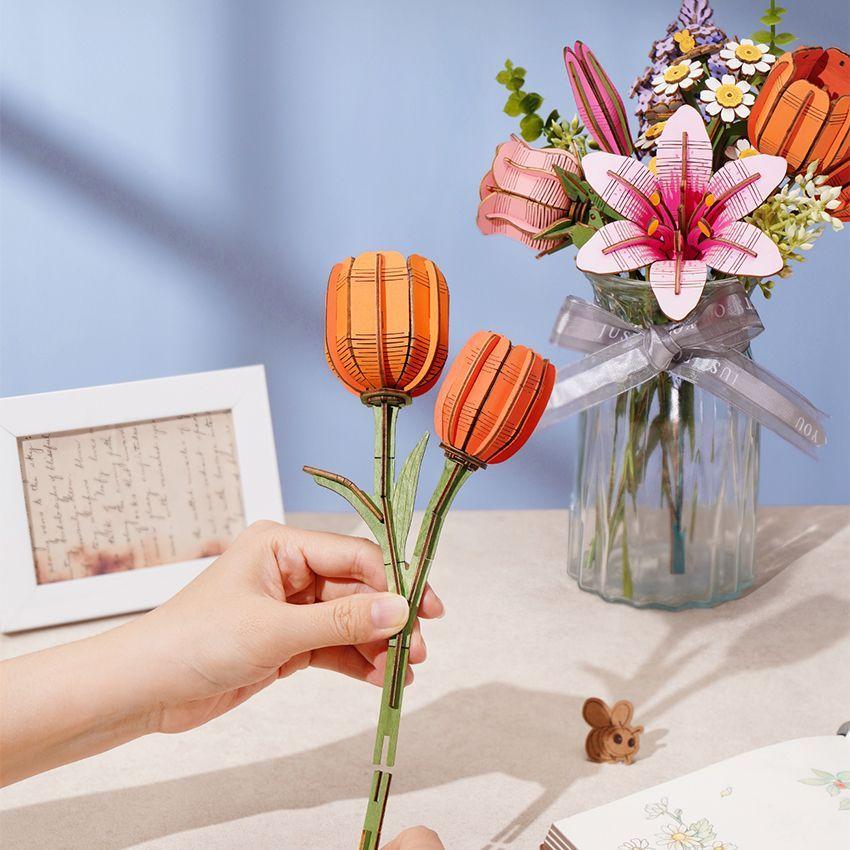 Tulipán Naranja de Madera ROWOOD – Puzzle 3D Decorativo y Regalo Creativo-5