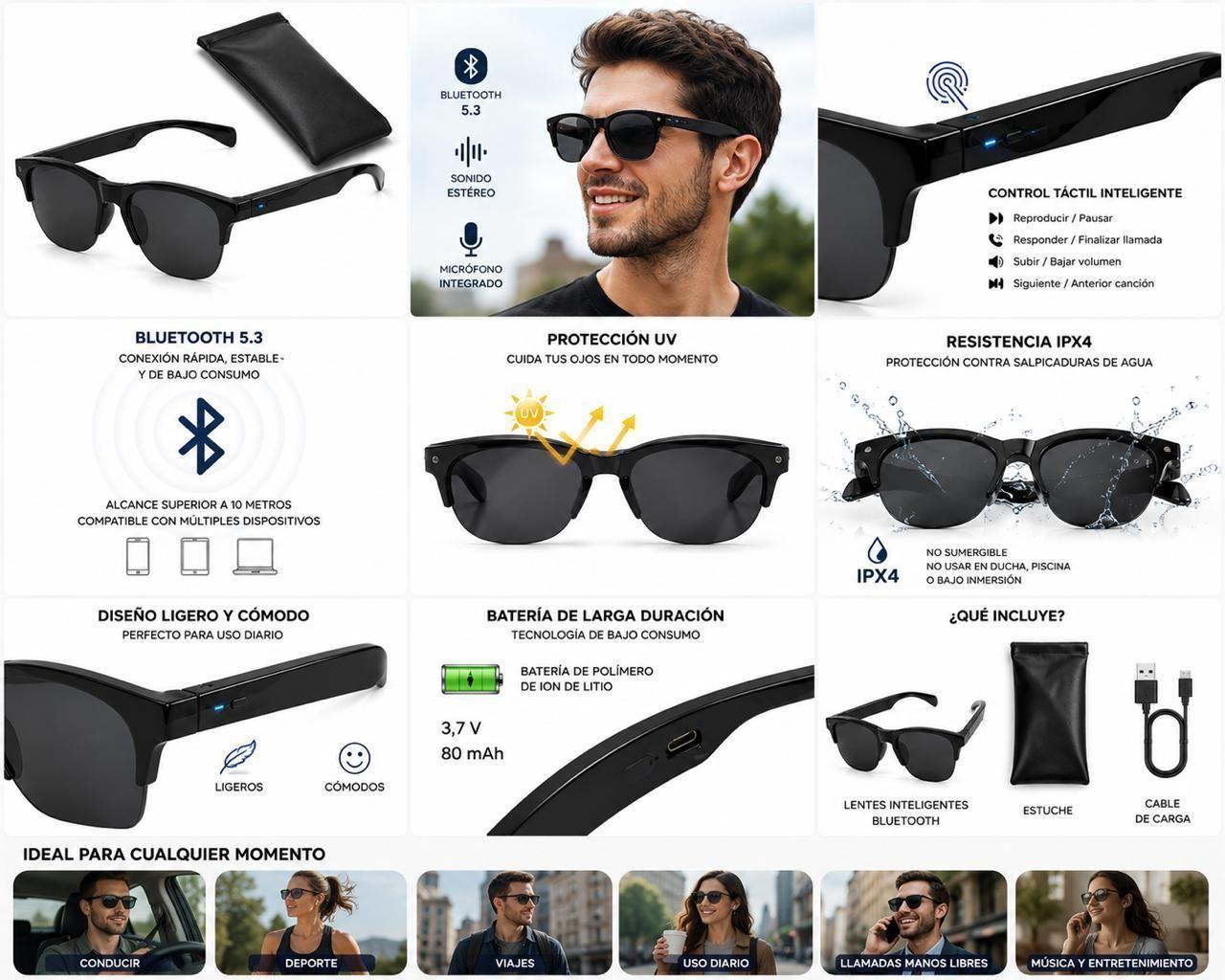 Lentes Inteligentes Gafas Bluetooth con Audio Integrado Microfono Control Touch-1