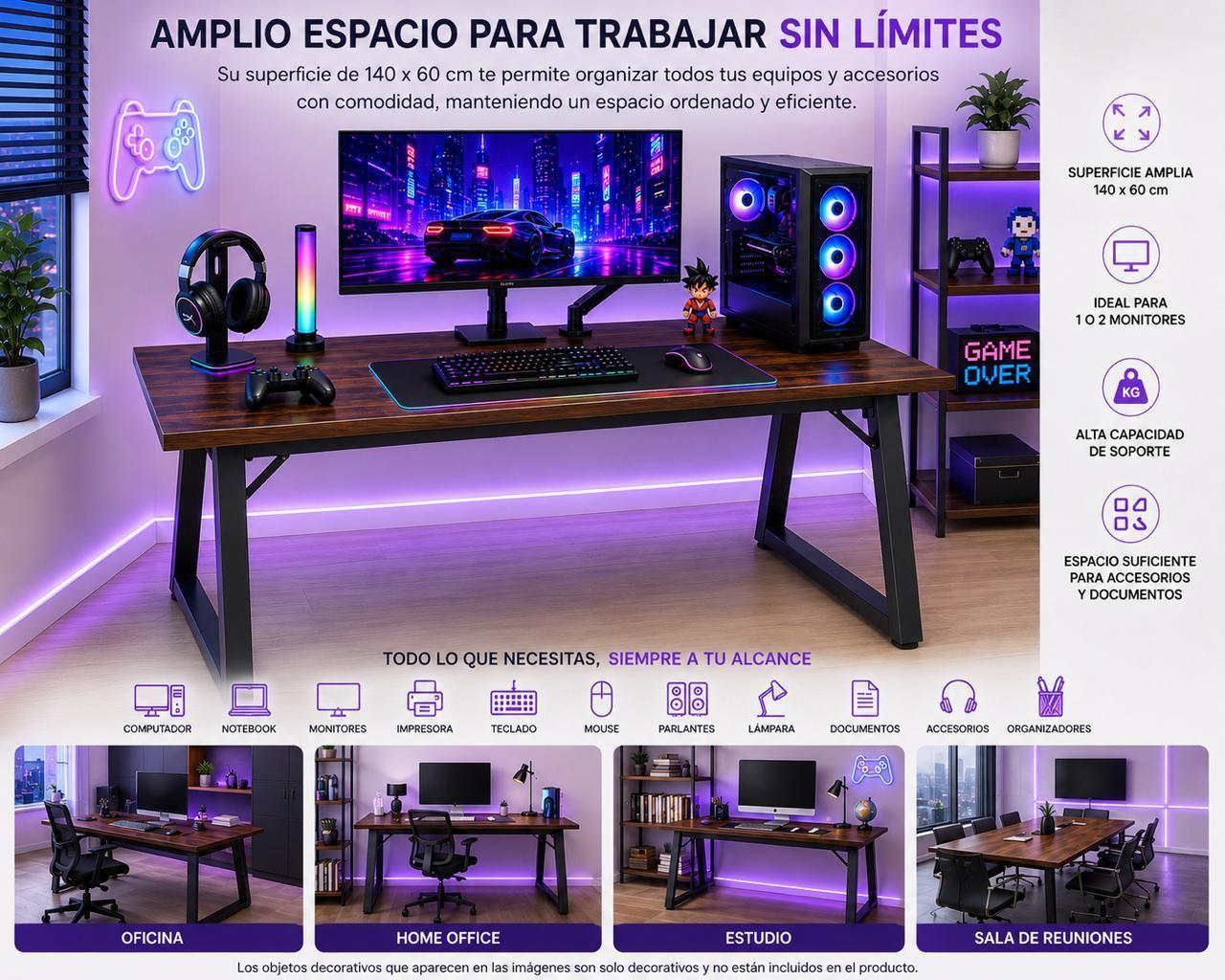 Escritorio Gamer Premium 140x60 cm Reforzado Tablero 32 mm Acero 40x40 Home Office-4