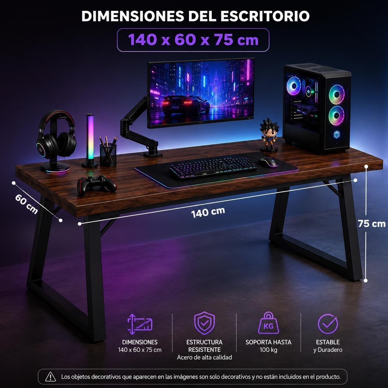 Escritorio Gamer Premium 140x60 cm Reforzado Tablero 32 mm Acero 40x40 Home Office-2