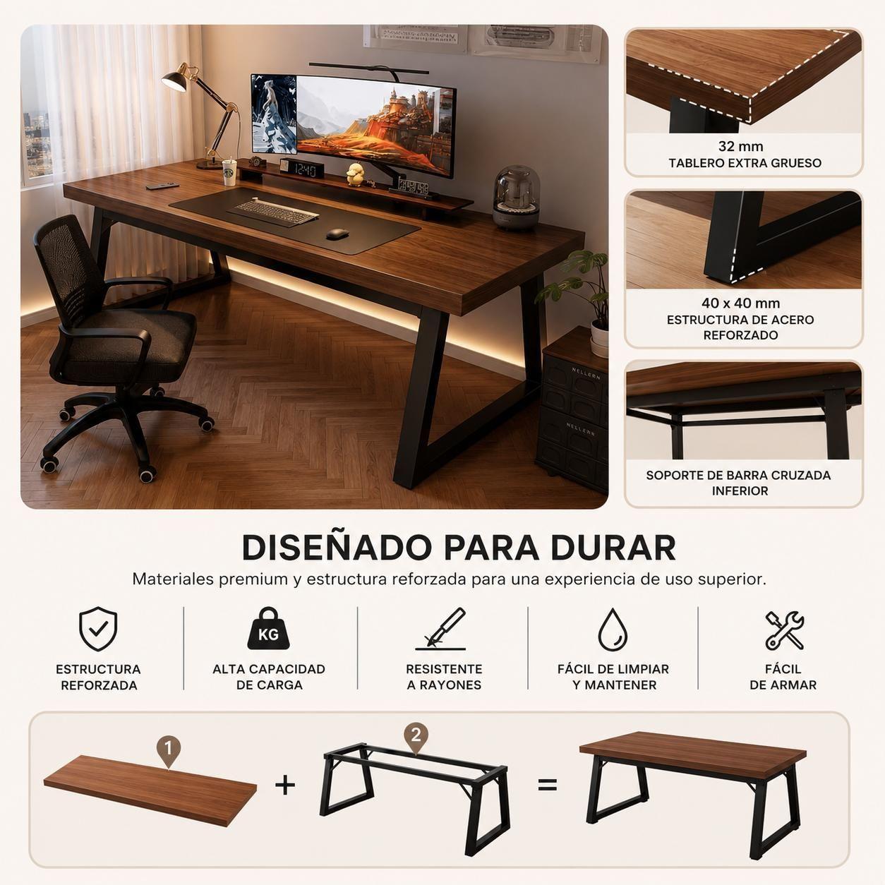 Escritorio Gamer Premium 140x60 cm Reforzado Tablero 32 mm Acero 40x40 Home Office-5