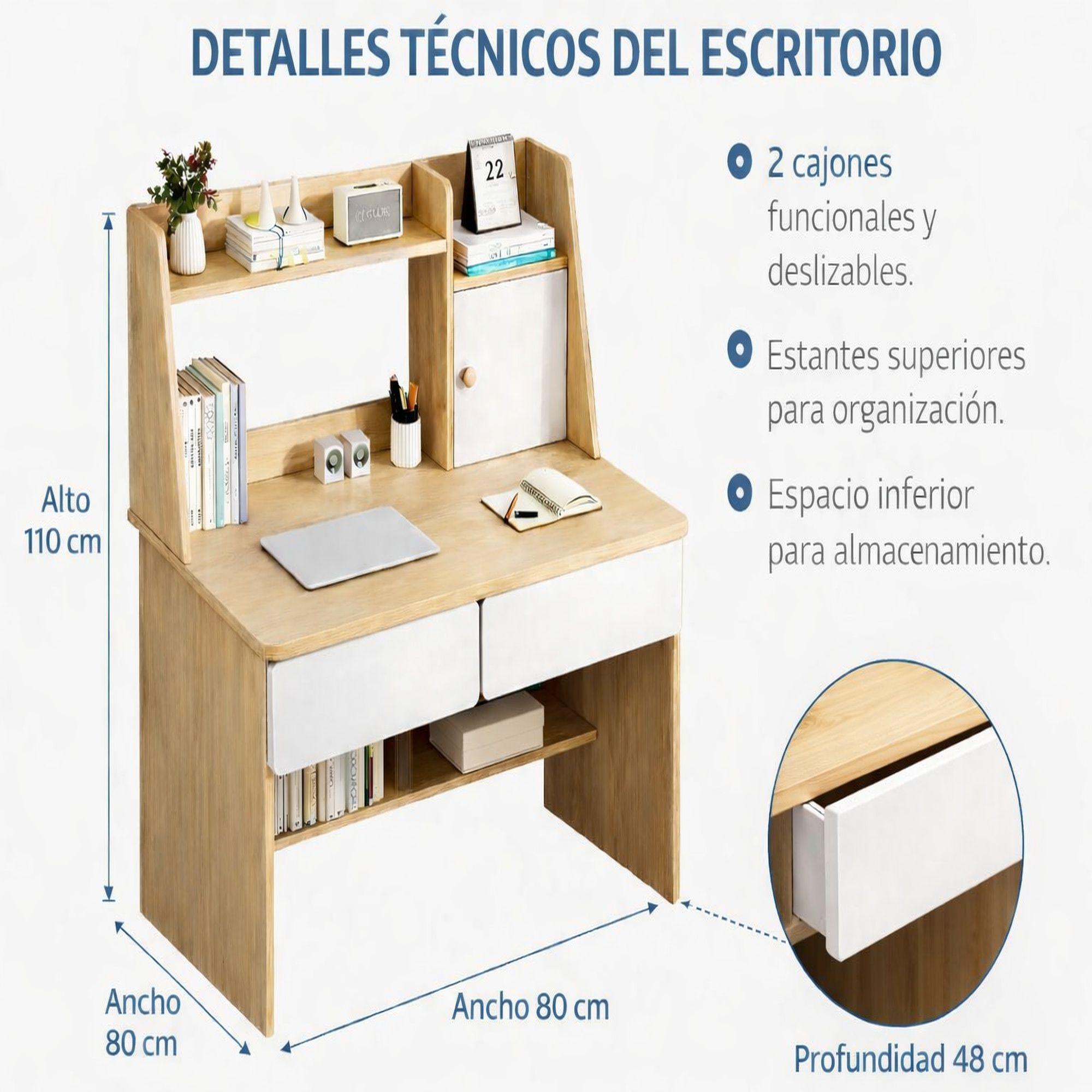 Escritorio Moderno Con Estantería y Cajones 110x80x48-6