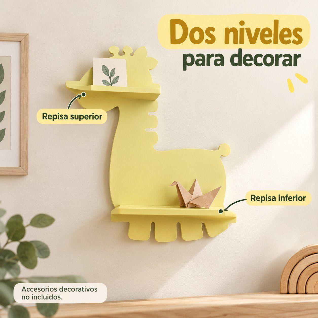 Estante Repisa de Pared Jirafa Amarillo Pastel 31x11x40 cm con 2 Niveles -4