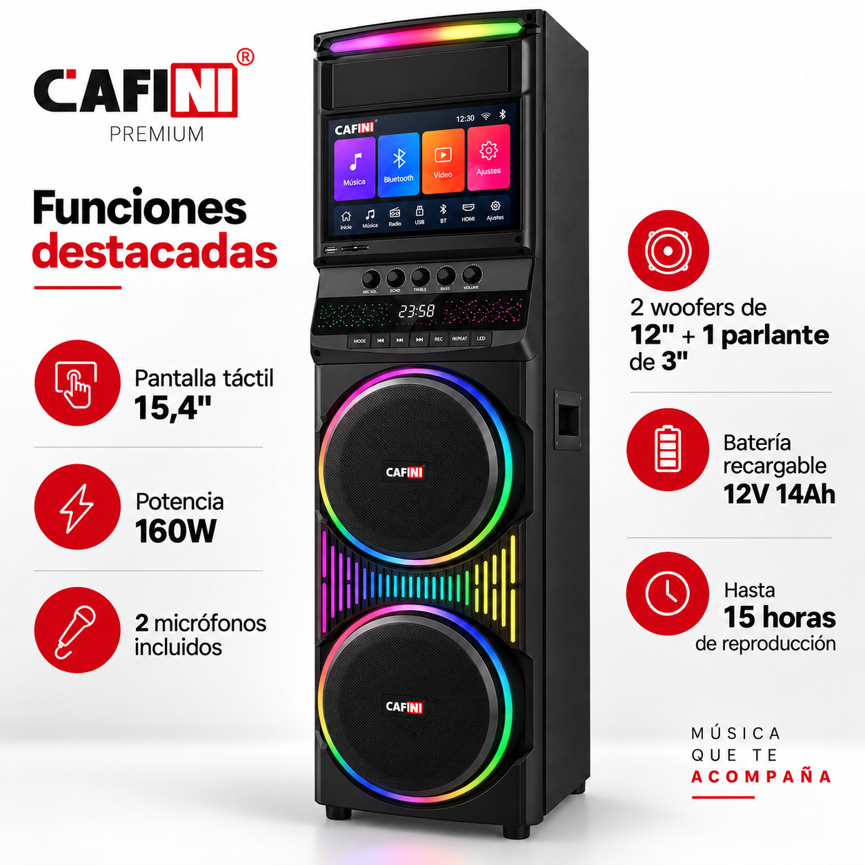 Torre de Sonido Karaoke Cafini C S993P 160W Pantalla Touch 15.4 Pulgadas-1