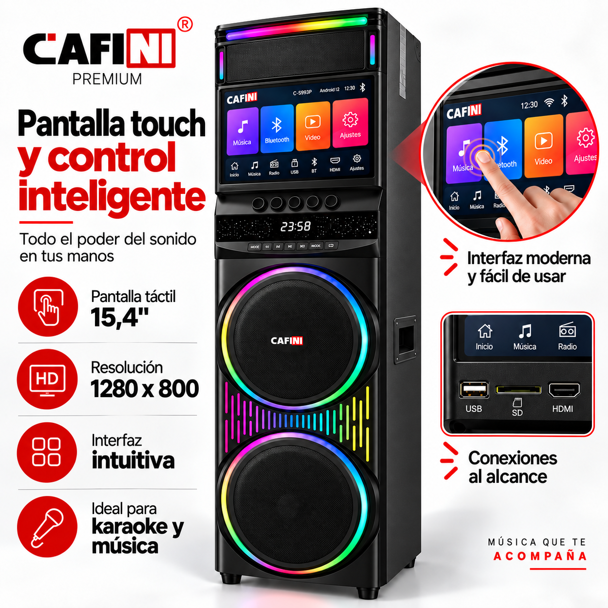 Torre de Sonido Karaoke Cafini C S993P 160W Pantalla Touch 15.4 Pulgadas-2