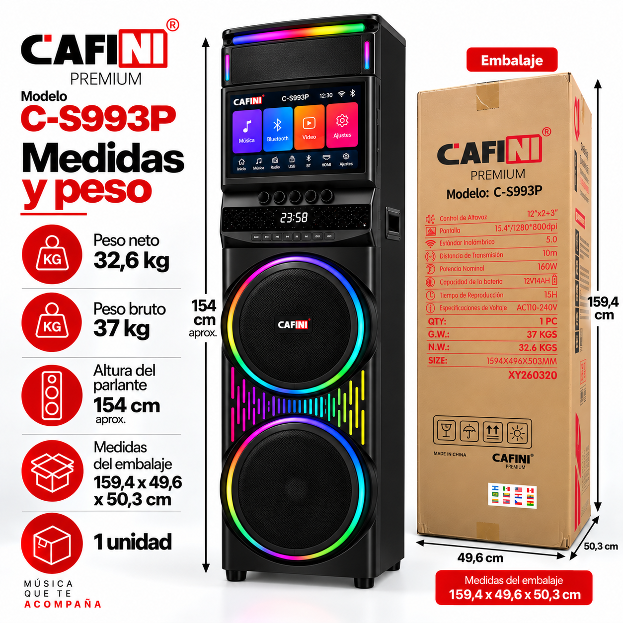 Torre de Sonido Karaoke Cafini C S993P 160W Pantalla Touch 15.4 Pulgadas-3