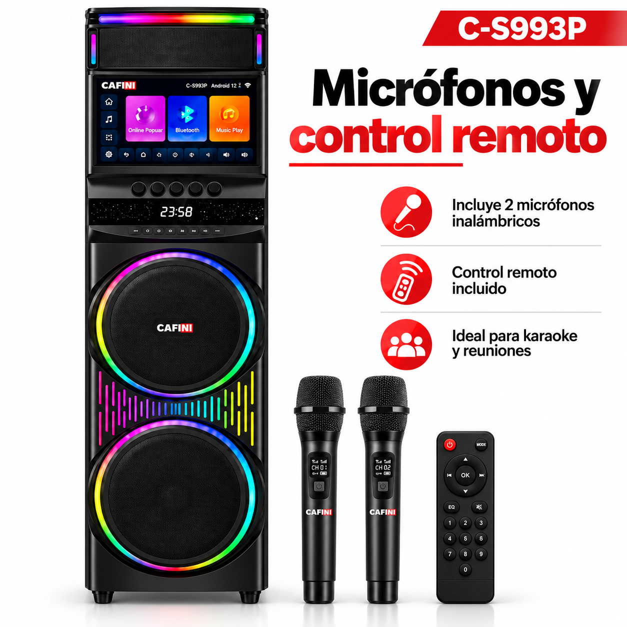 Torre de Sonido Karaoke Cafini C S993P 160W Pantalla Touch 15.4 Pulgadas-5