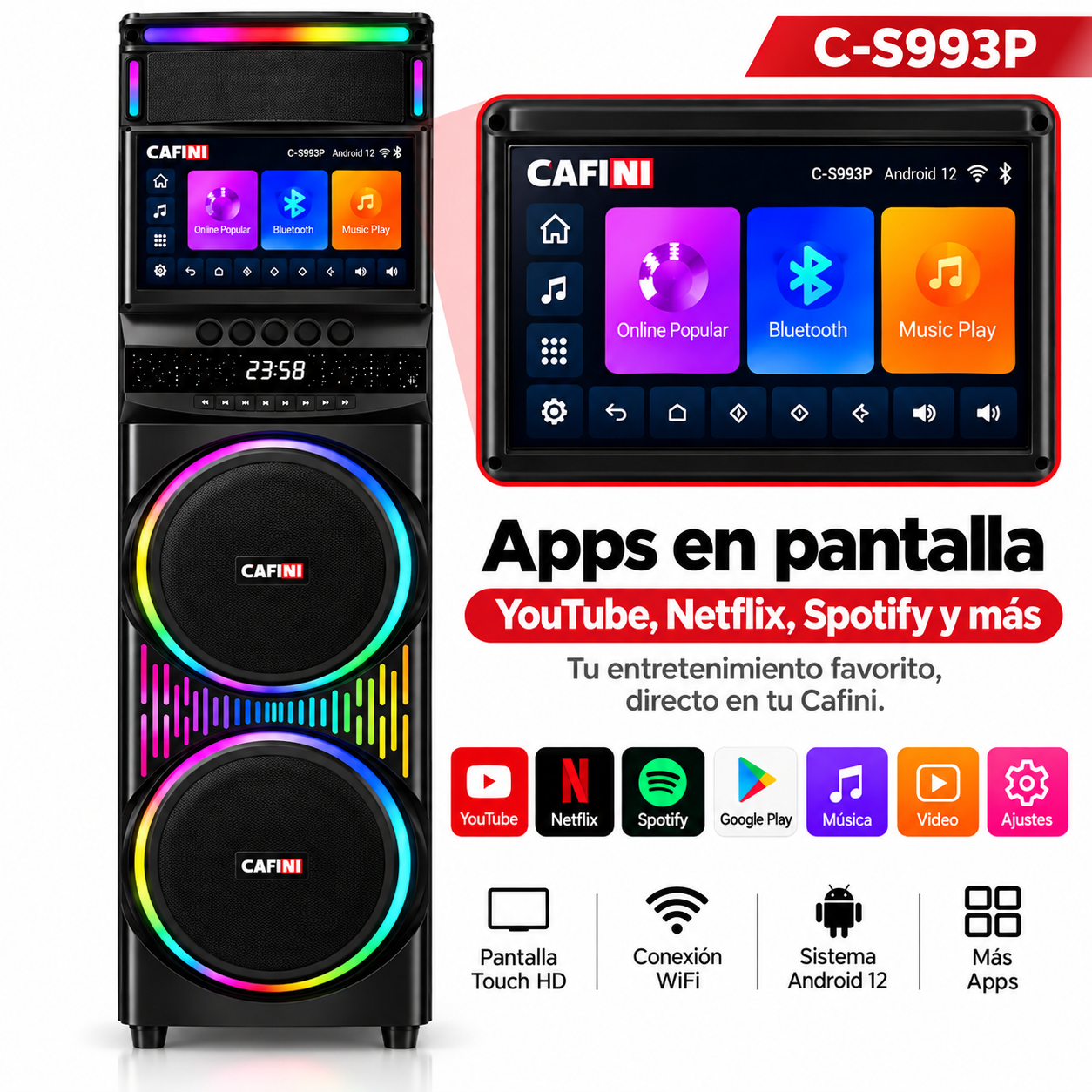 Torre de Sonido Karaoke Cafini C S993P 160W Pantalla Touch 15.4 Pulgadas-6