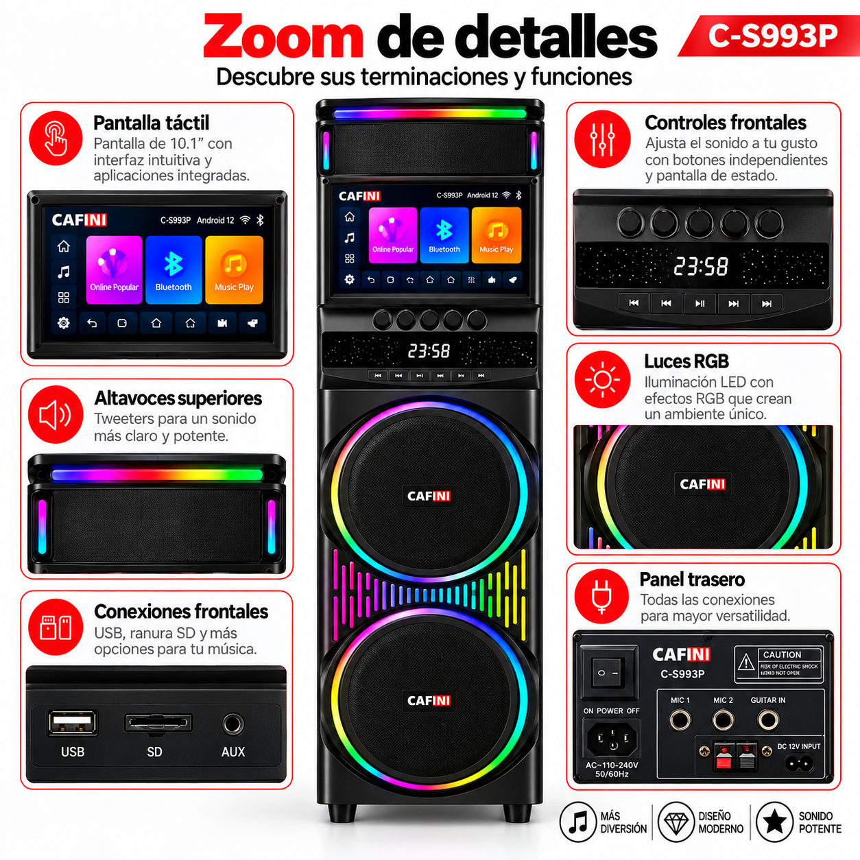 Torre de Sonido Karaoke Cafini C S993P 160W Pantalla Touch 15.4 Pulgadas-7
