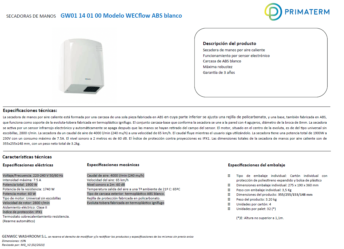 Secador de Manos Secamanos Wecflow ABS 1900w Aire Caliente GENWEC-3