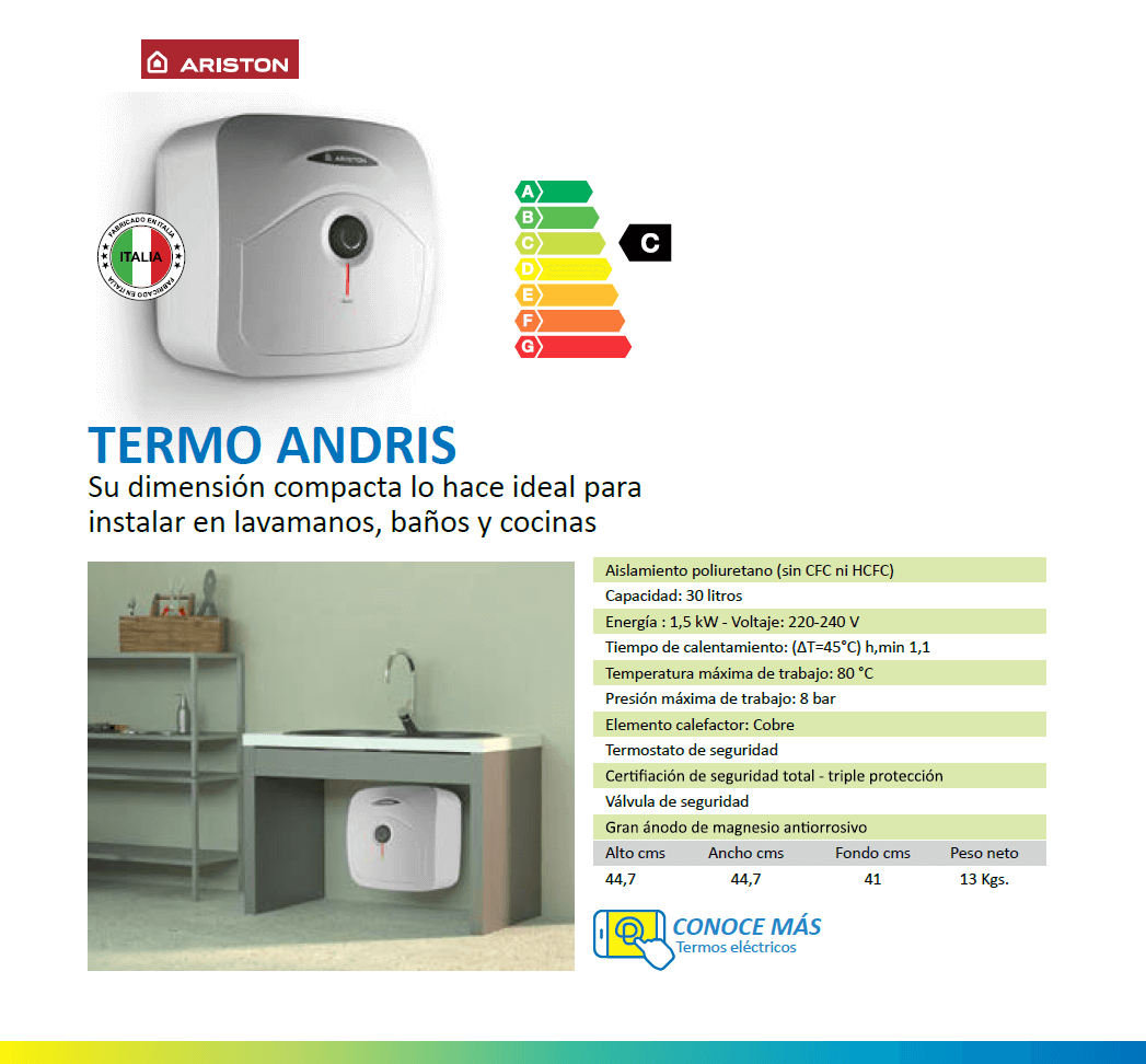 Termo Eléctrico Andris 30 Litros Italiano 1,5Kw 80°c ARISTON-6