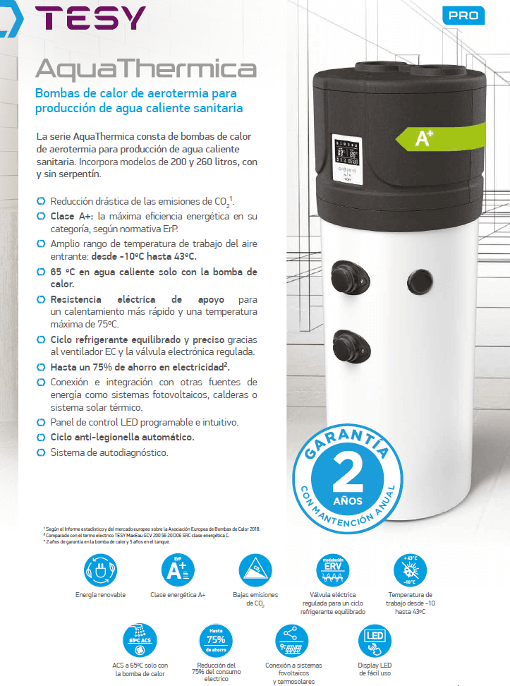 Bomba de Calor Sanitaria AquaThermica 1,2 Kw 260 Litros (Sin Serpentín) TESY-5