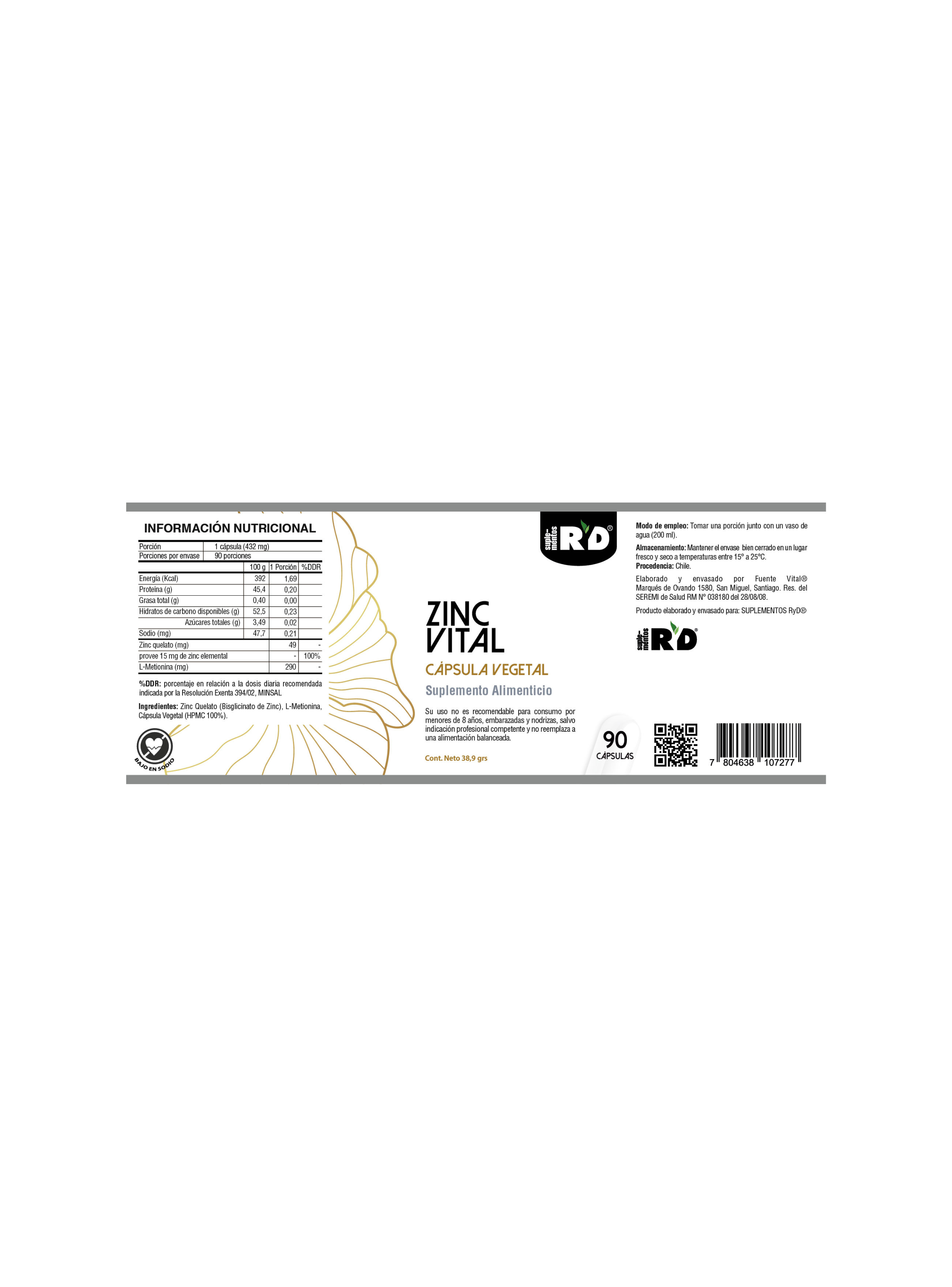 Zinc vital +L metionina 90 cápsulas vegetales RYD-1