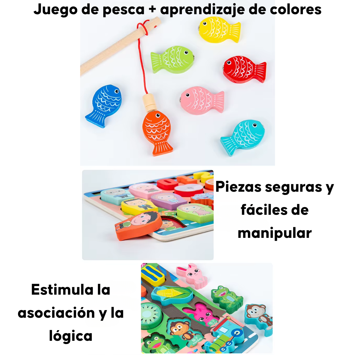Juego De Pesca Tablero Didactico Madera Animales Frutas 36m-8