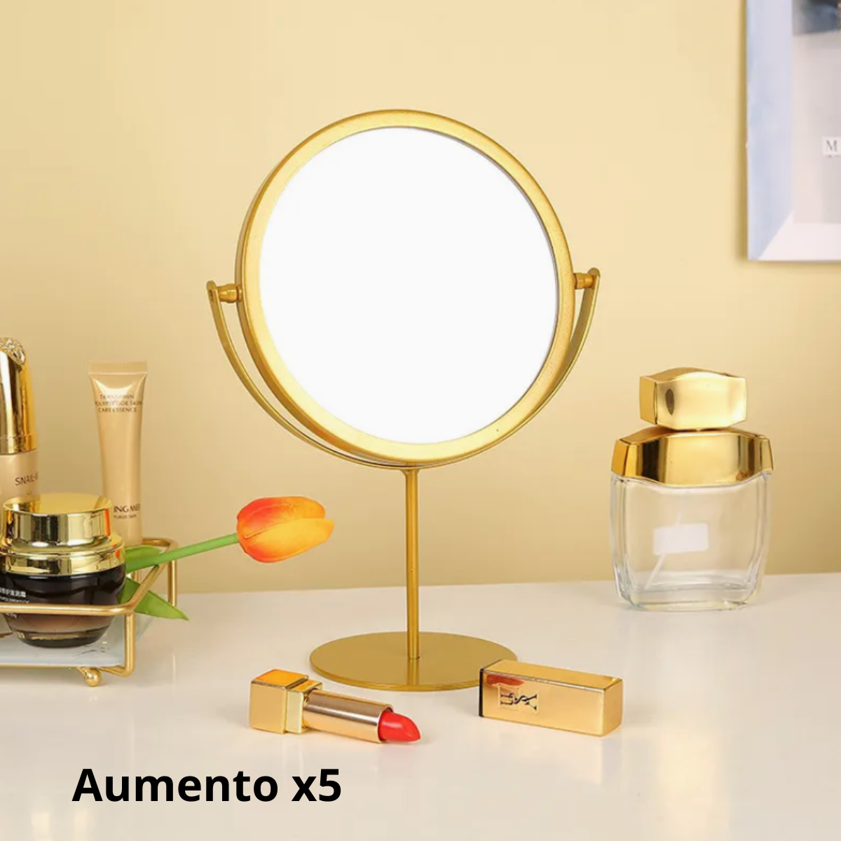 Espejo Para Maquillaje Vanity Marco Dorado Con Aumento 2x-2