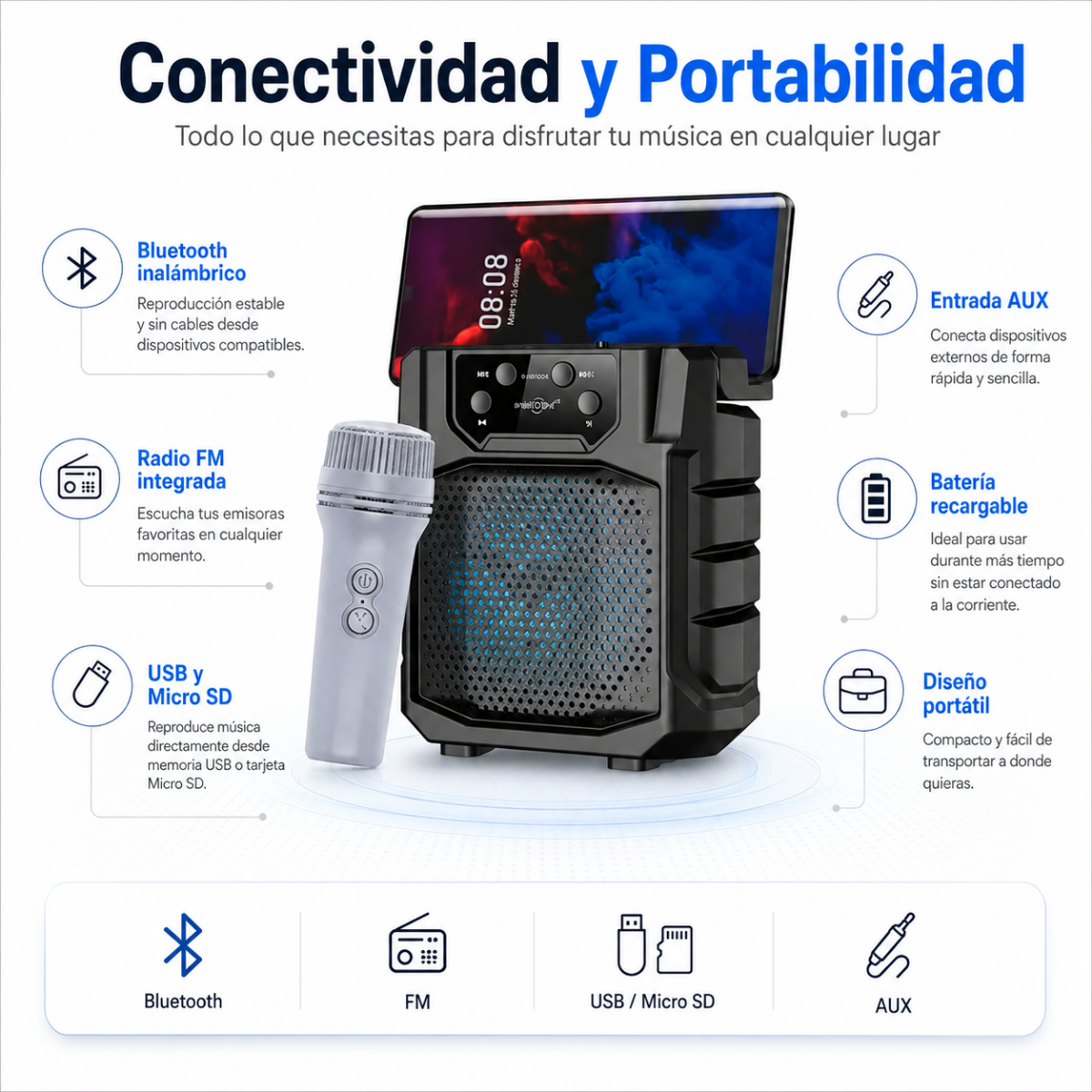 Parlante Portatil Inalambrico Microfono Y Soporte Celular-3