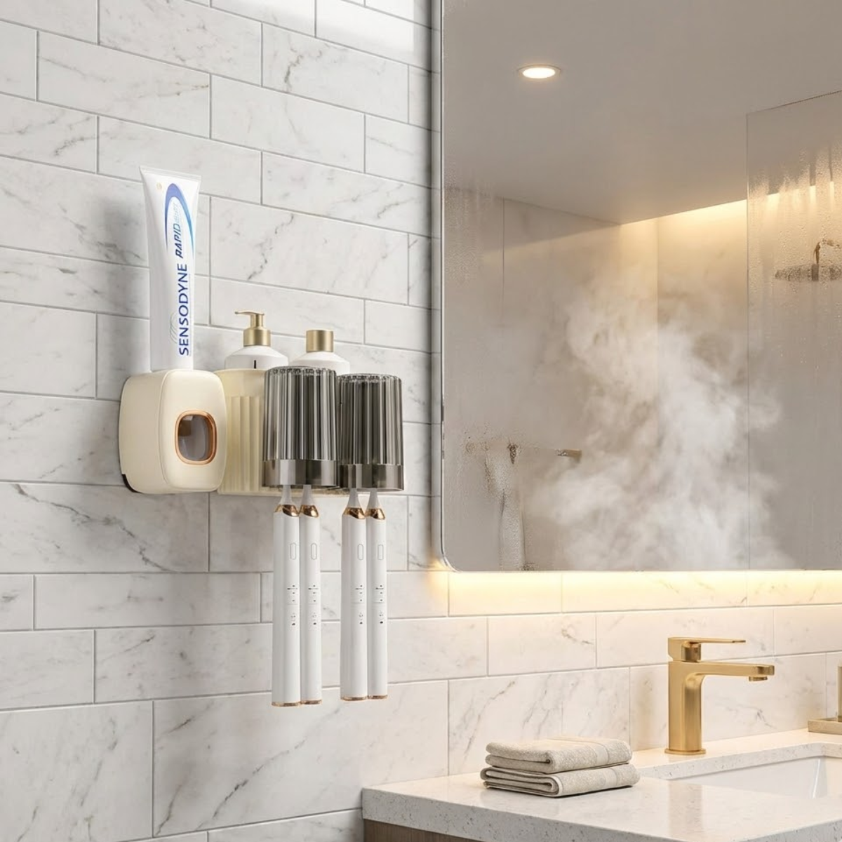 Organizador Porta Cepillos De Dientes Adhesivo Con Vasos-2