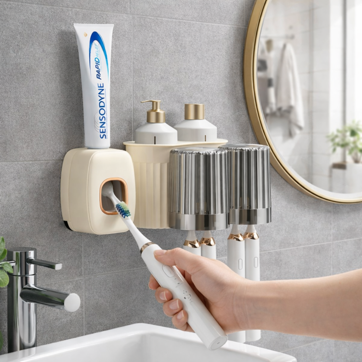 Organizador Porta Cepillos De Dientes Adhesivo Con Vasos-4