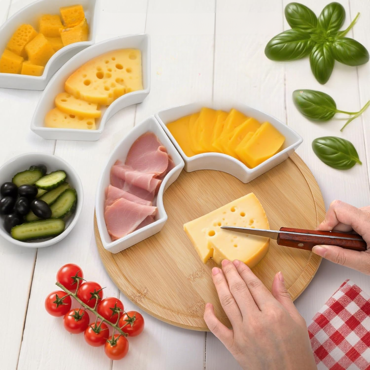 Set Picoteo Tabla + 5 Pocillos Blancos Multiuso Para Servir-5
