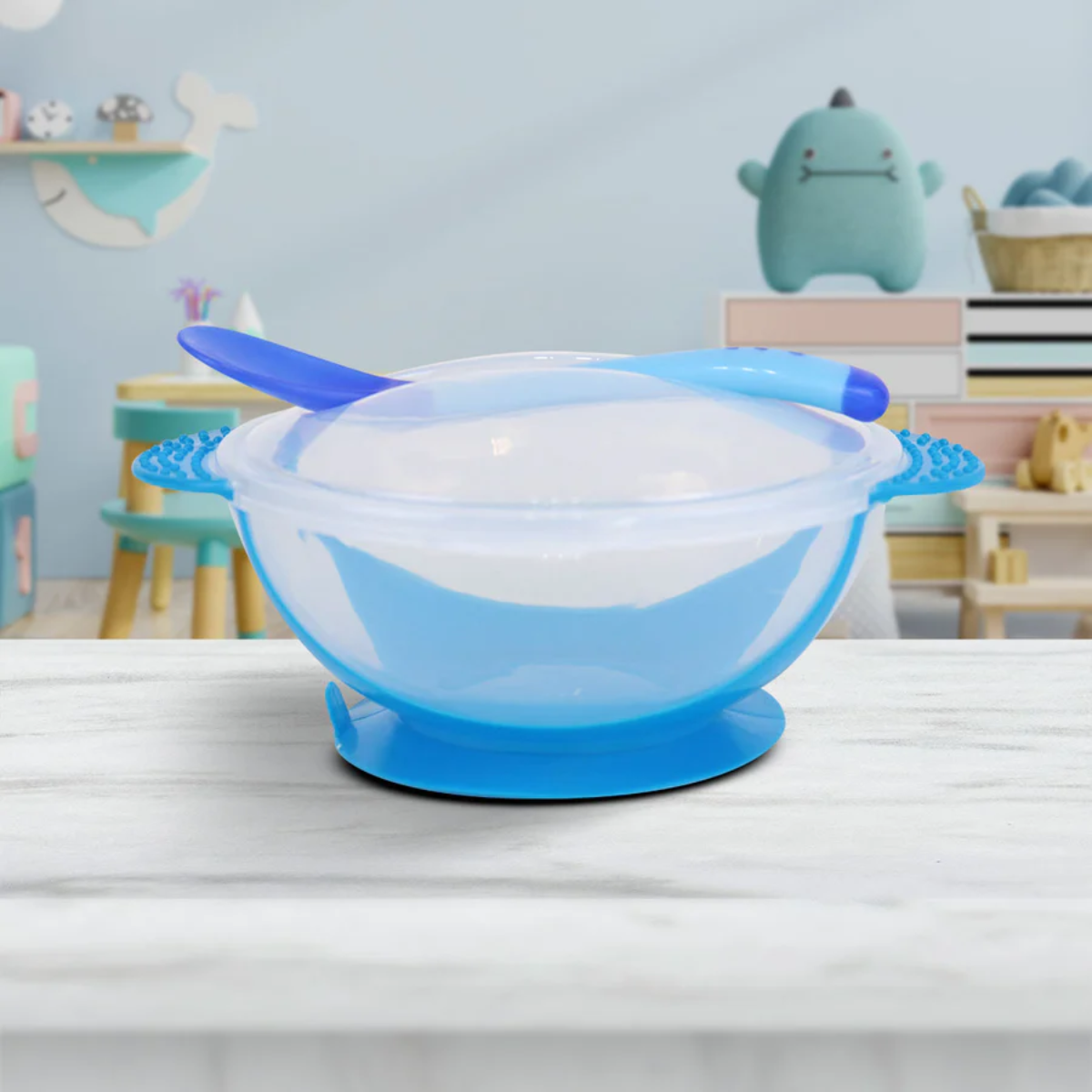 Set Alimentaci n Bebe Cuchara Pocillo Con Ventosa Fijacion Azul-6