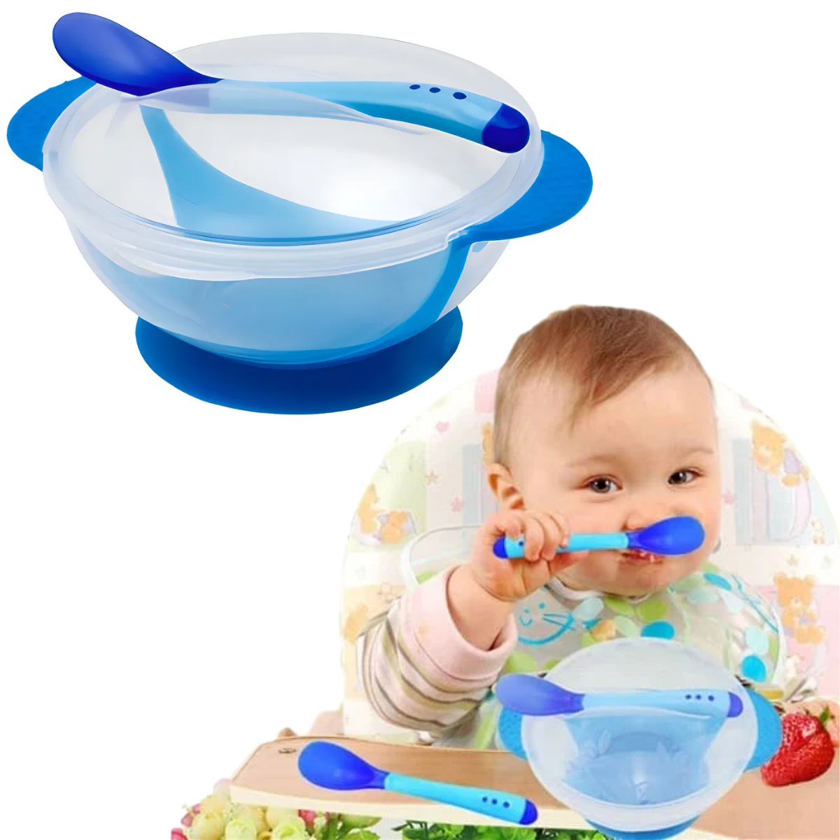 Set Alimentaci n Bebe Cuchara Pocillo Con Ventosa Fijacion Azul-2