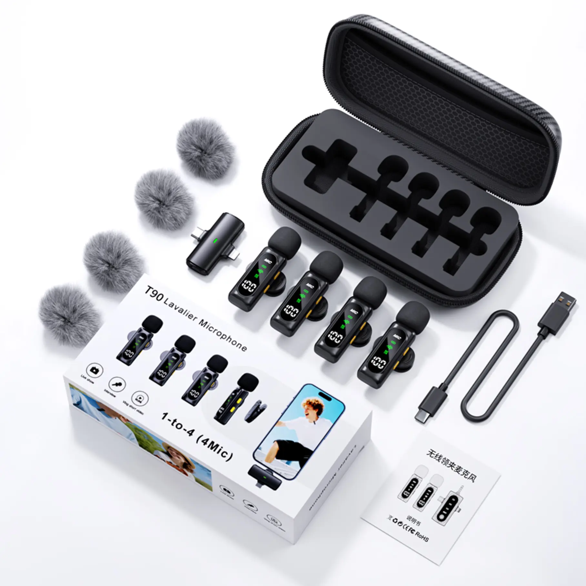 Pack 4 Microfonos Lavallier Inalambrico T90 Vlogs Usbc-6