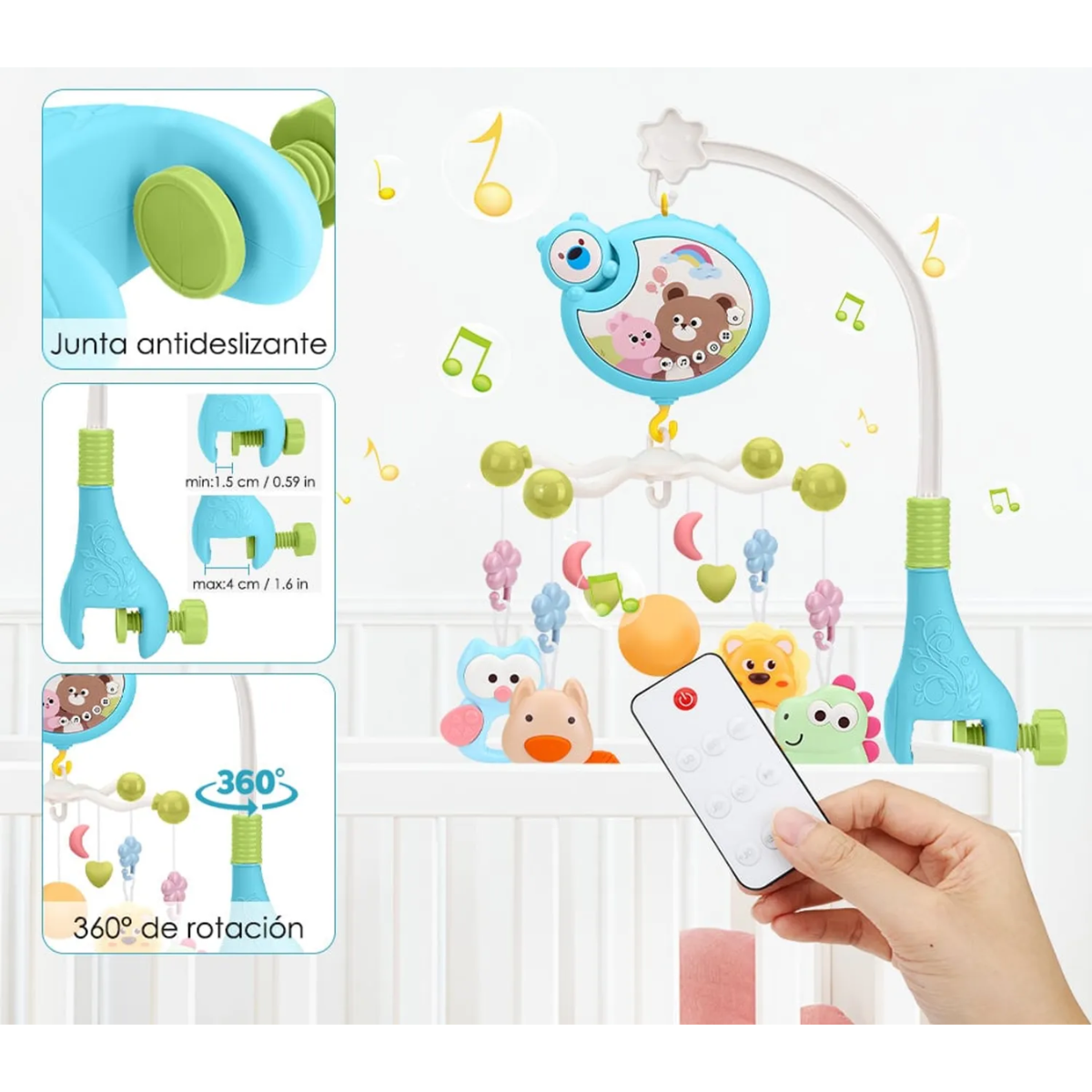 Movil Musical Para Cuna Proyector Luces Y Sonidos Bebe Azul-4