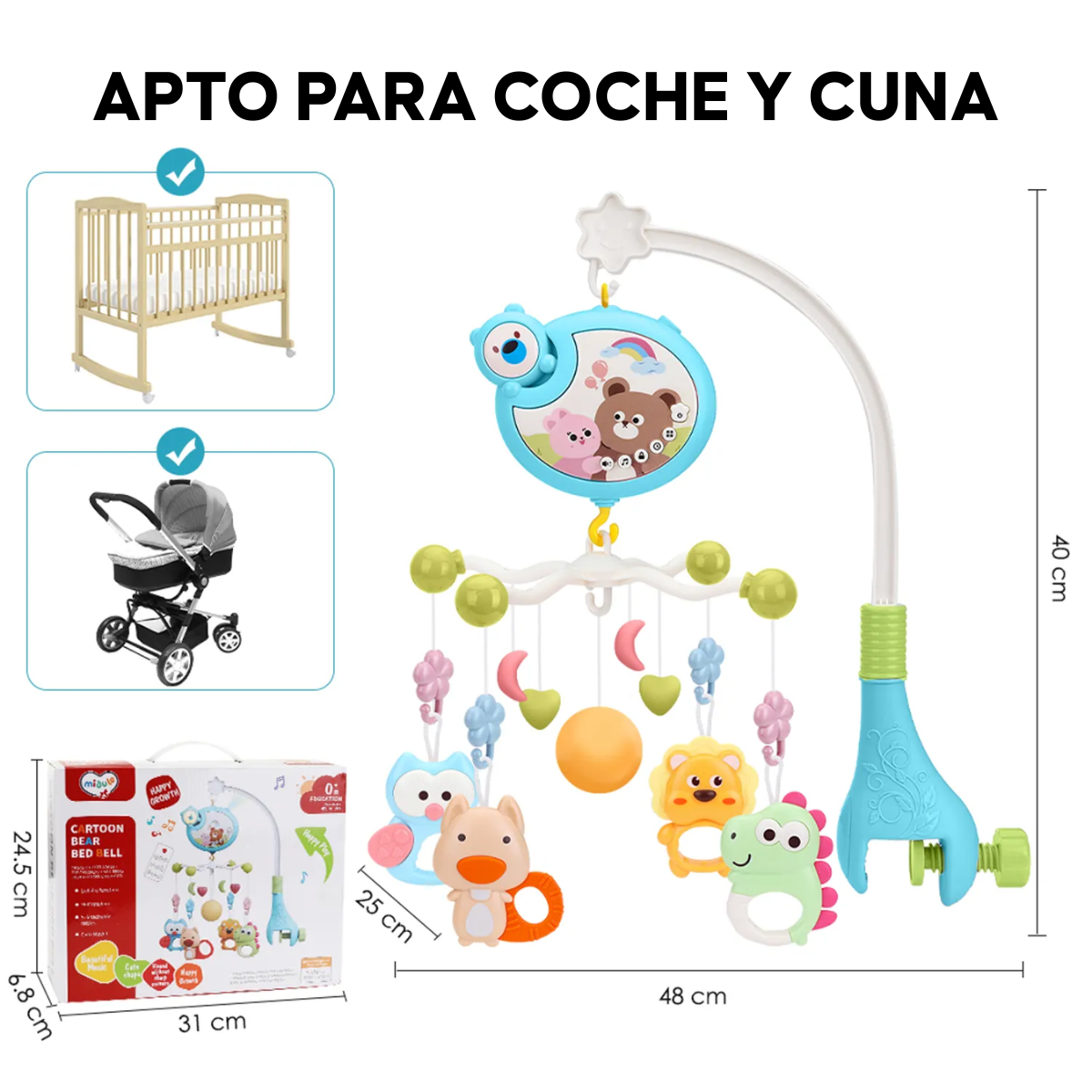 Movil Musical Para Cuna Proyector Luces Y Sonidos Bebe Azul-5