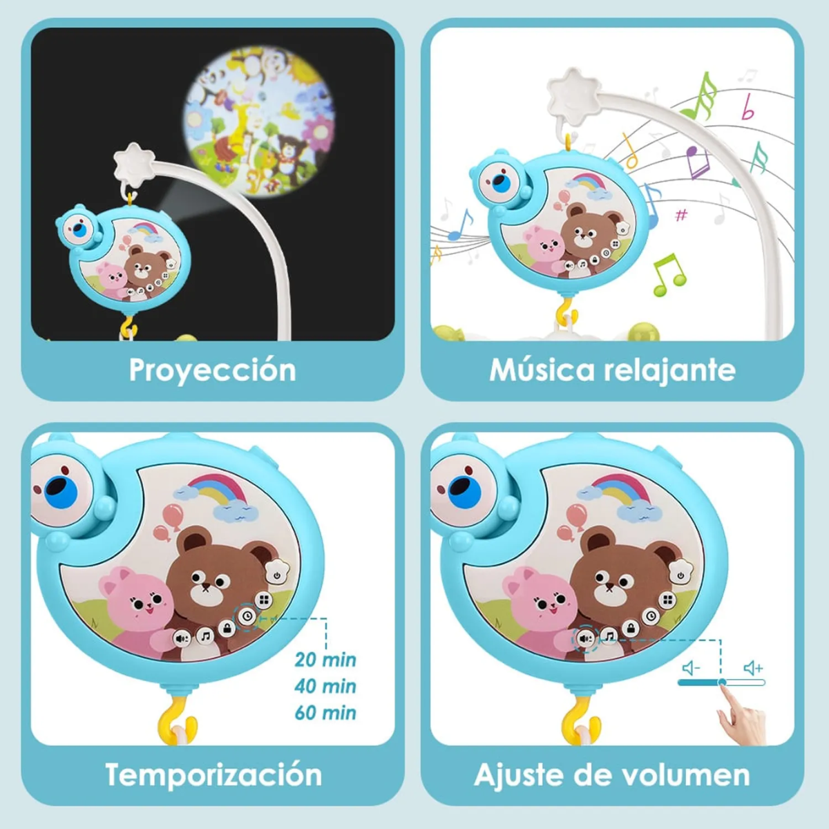 Movil Musical Para Cuna Proyector Luces Y Sonidos Bebe Azul-6