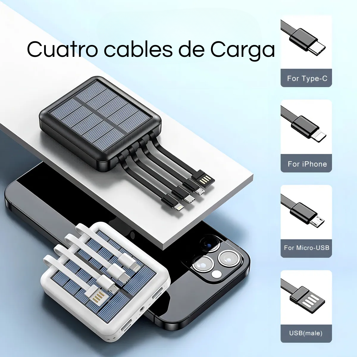 Cargador Inalámbrico Powerbank 10000mah Carga Solar 4 cables-3