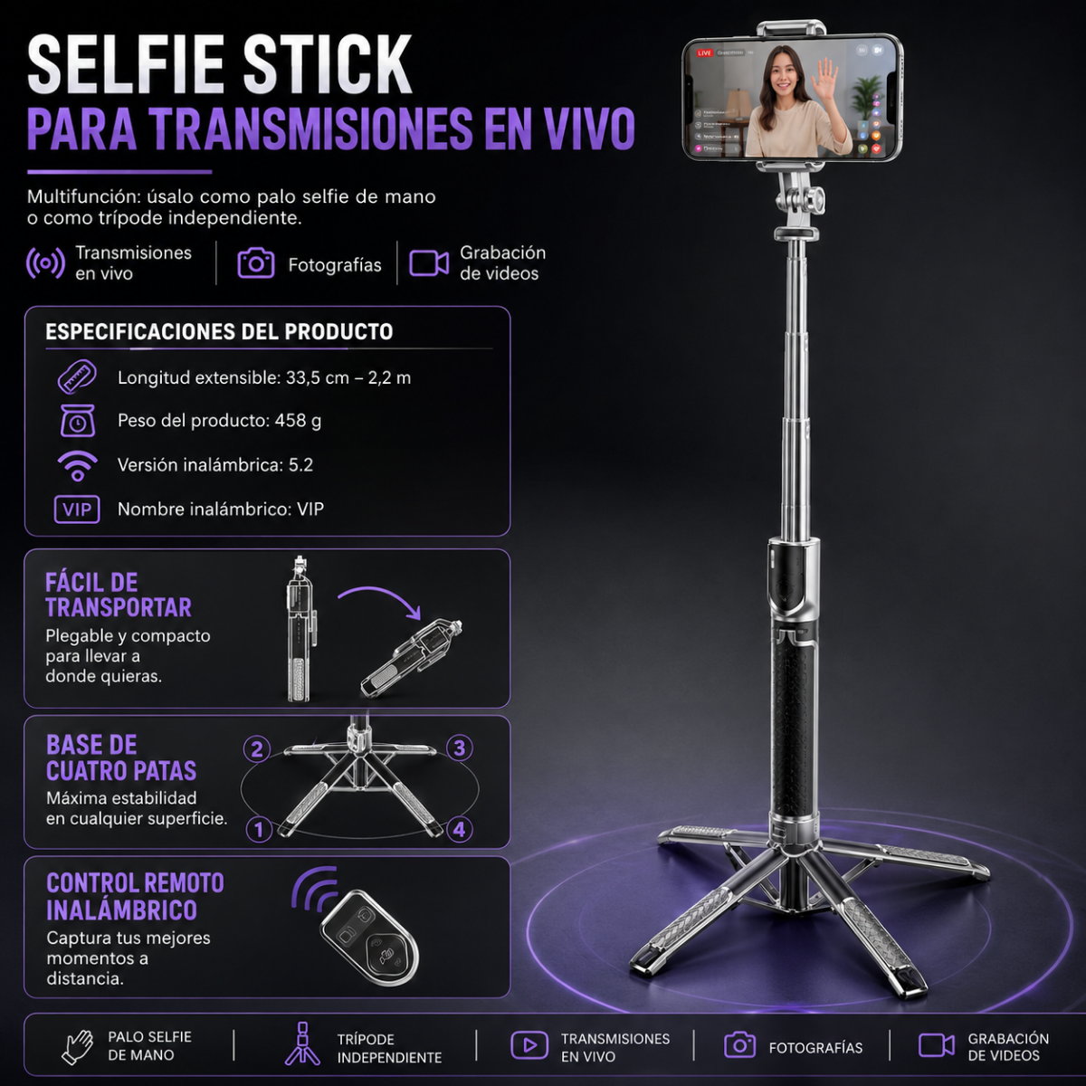Tripode Celular Extensible De 2 2m Baston Selfie Con Control-3