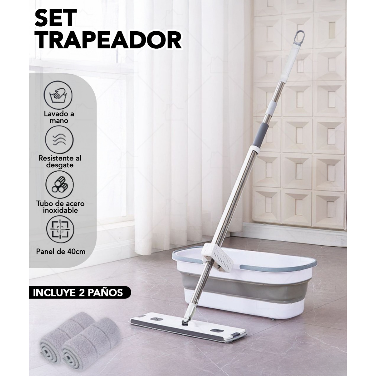 Mopa Plana Microfibra Con Balde Plegable Escurridor Incluido-5
