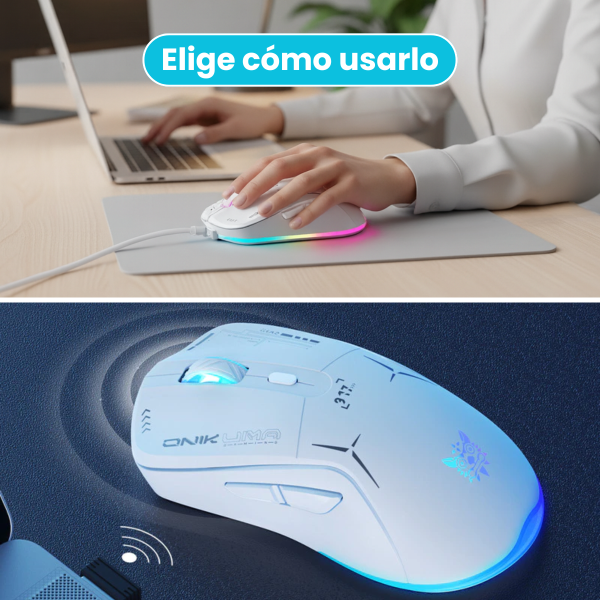 Mouse Gamer Blanco Luz Rgb Conexión Inalámbrica O Con Cable-7
