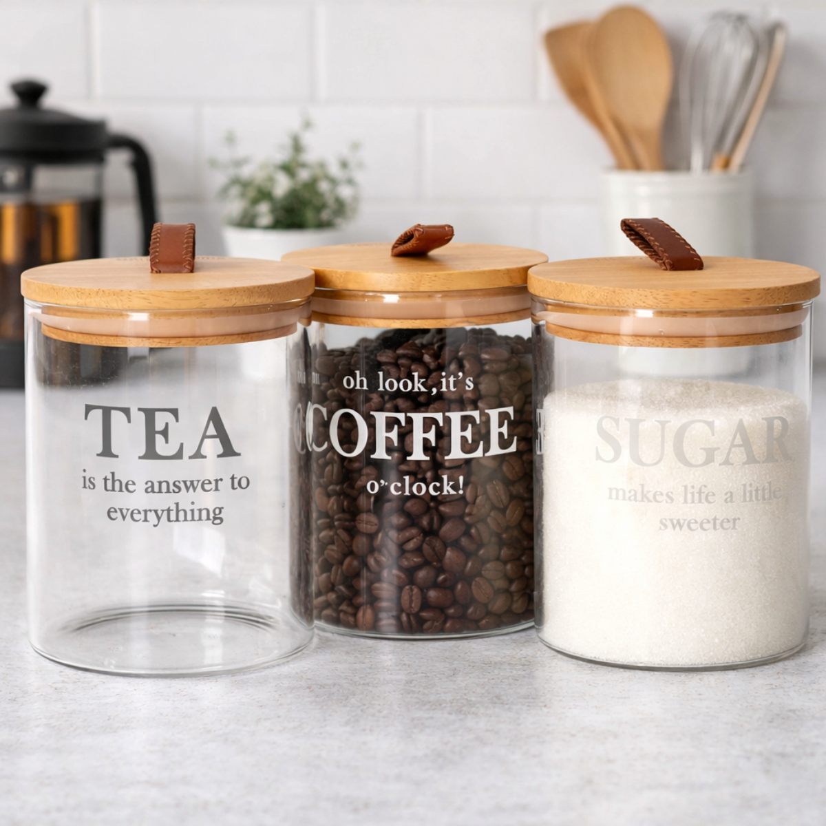 Set 3 Frascos Vidrio Tapa Madera Organizador Te Cafe Azucar-5