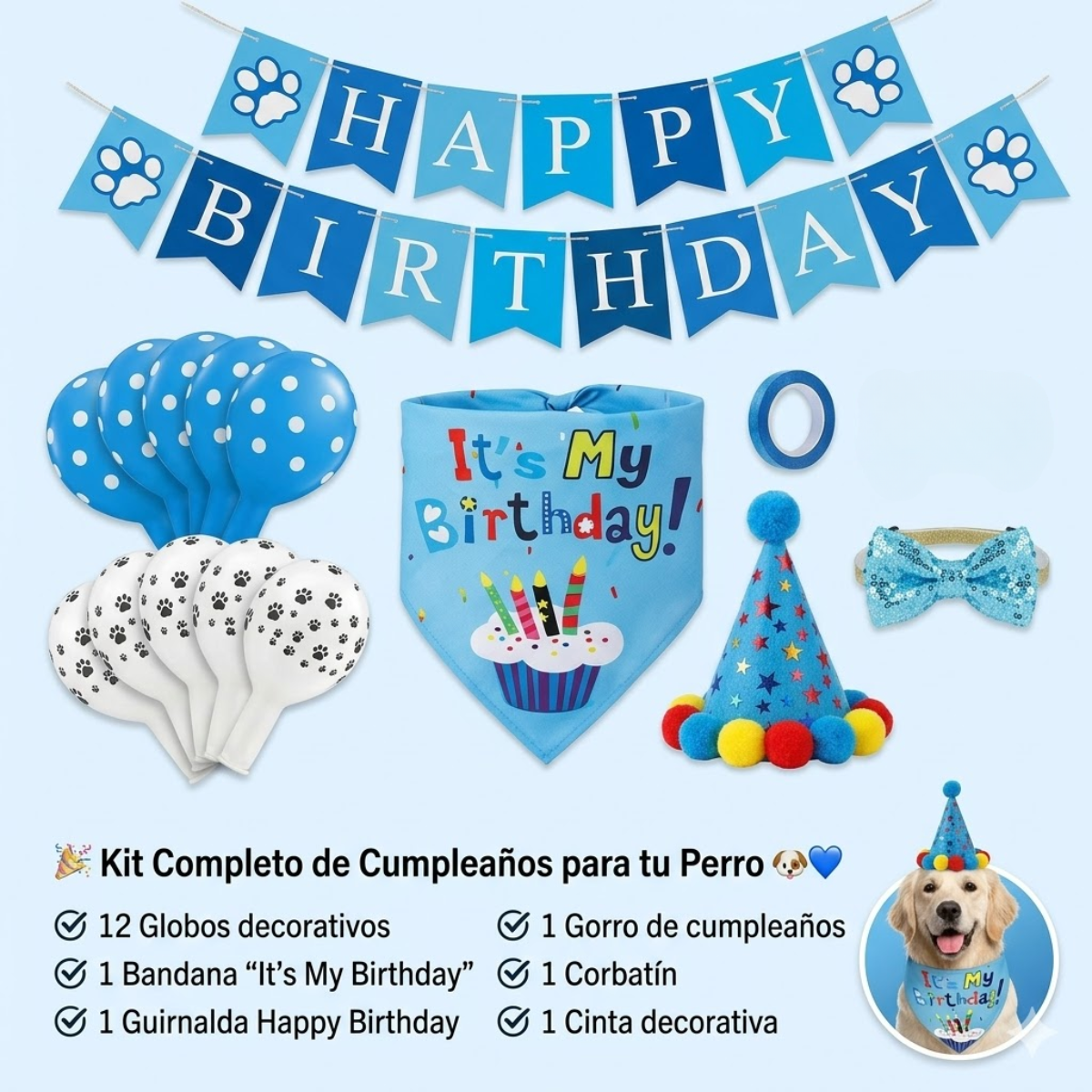 Kit Decoracion Cumpleanos Para Perro Bandana Gorro Globos-2